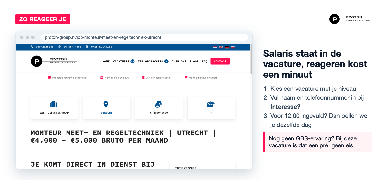 Schermafbeelding van de vacature Monteur Meet- en Regeltechniek in Utrecht op proton-group.nl met salaris en terugbelformulier