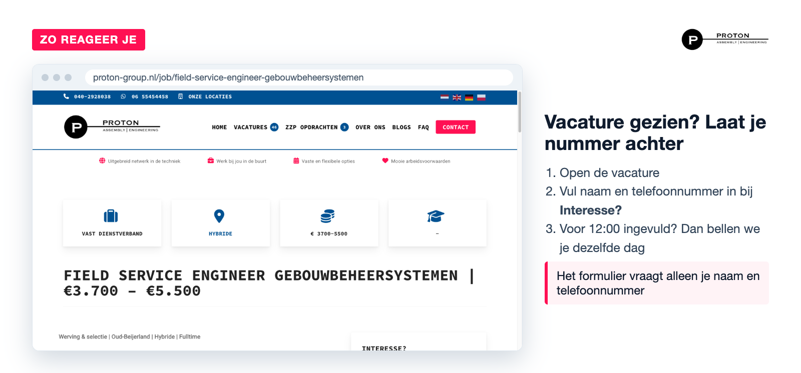 Schermafbeelding van de vacature Field Service Engineer Gebouwbeheersystemen op proton-group.nl met het terugbelformulier