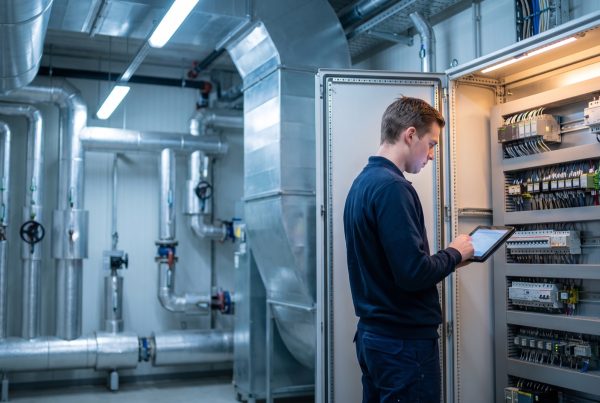 Monteur meet- en regeltechniek werkt met een tablet aan een open regelkast in een technische ruimte
