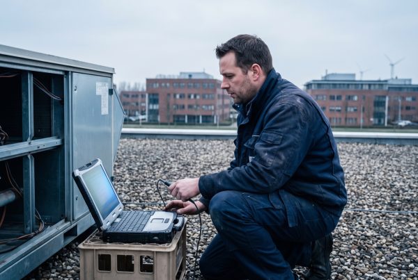 Servicemonteur controleert met een laptop een klimaatinstallatie op het dak van een kantoorgebouw