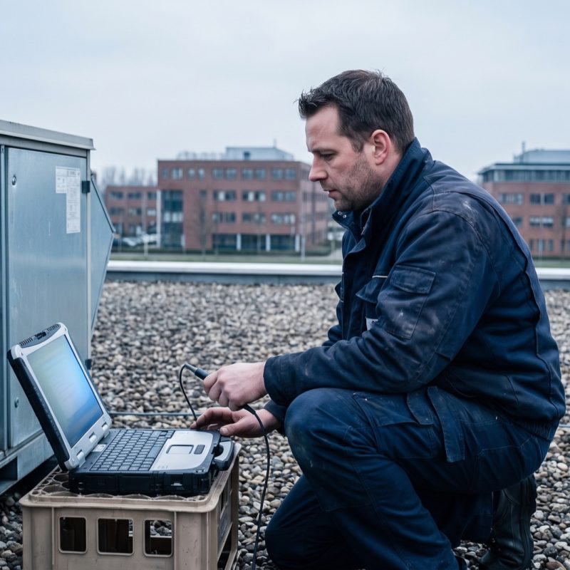 Servicemonteur controleert met een laptop een klimaatinstallatie op het dak van een kantoorgebouw