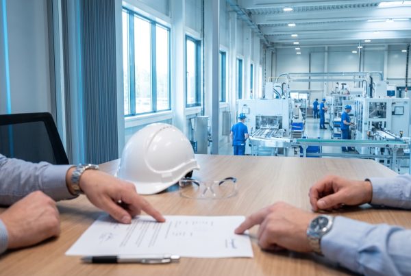 Opdrachtgever en uitlener bespreken een inhuurcontract aan tafel met uitzicht op een productiehal