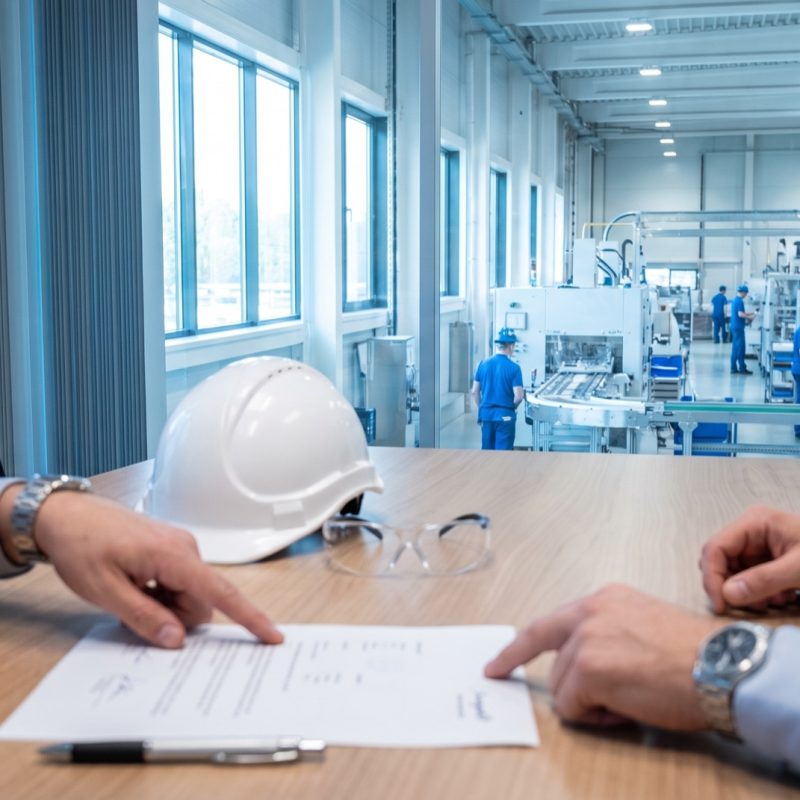 Opdrachtgever en uitlener bespreken een inhuurcontract aan tafel met uitzicht op een productiehal